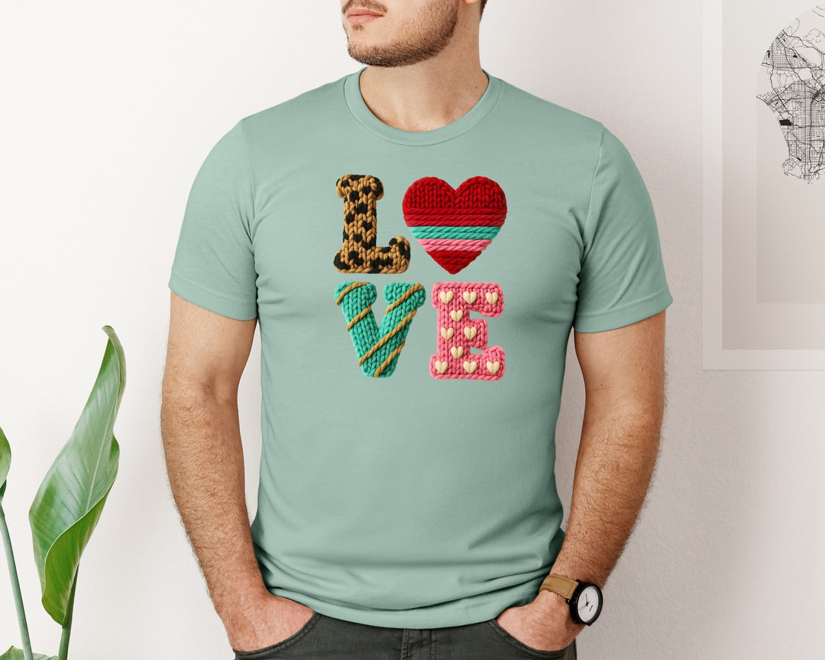 brand:Bella Canvas|color:Dusty Blue|Faux Yarn Love Valentine 14 Graphic T-Shirt
