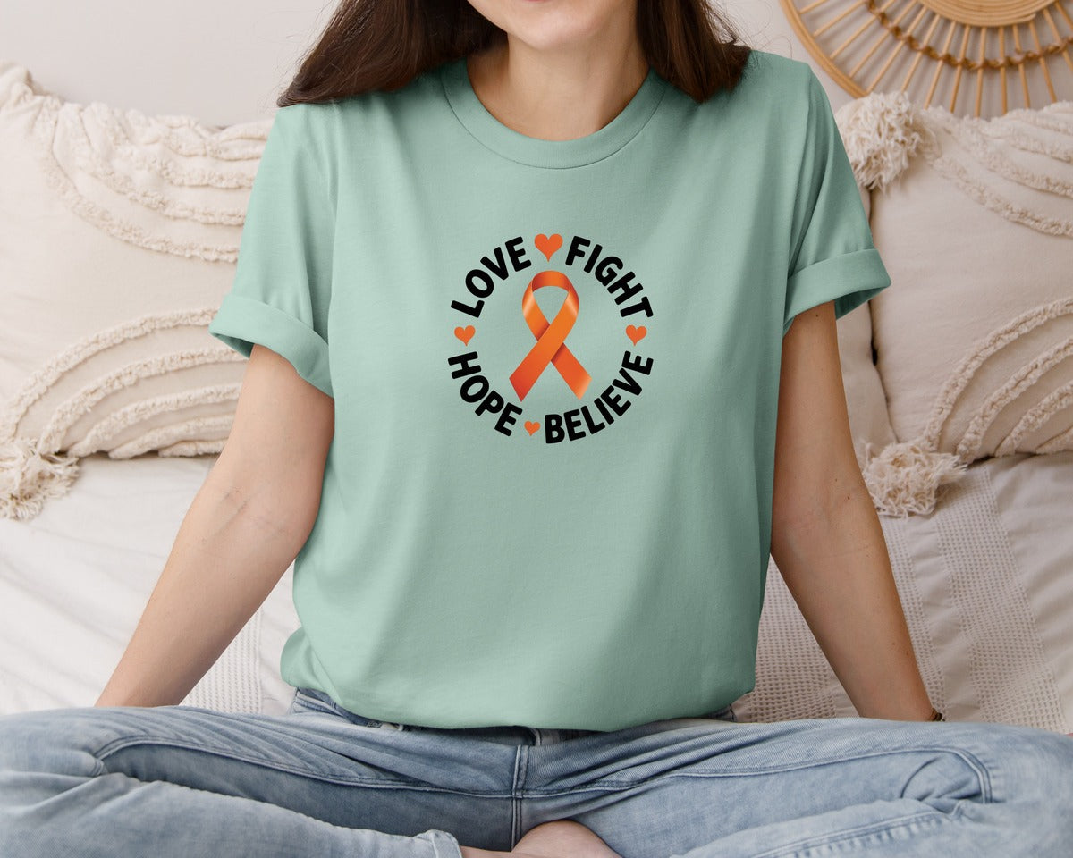 brand:Bella Canvas|color:Dusty Blue|Orange Awareness Ribbon With Hearts Graphic T-Shirt