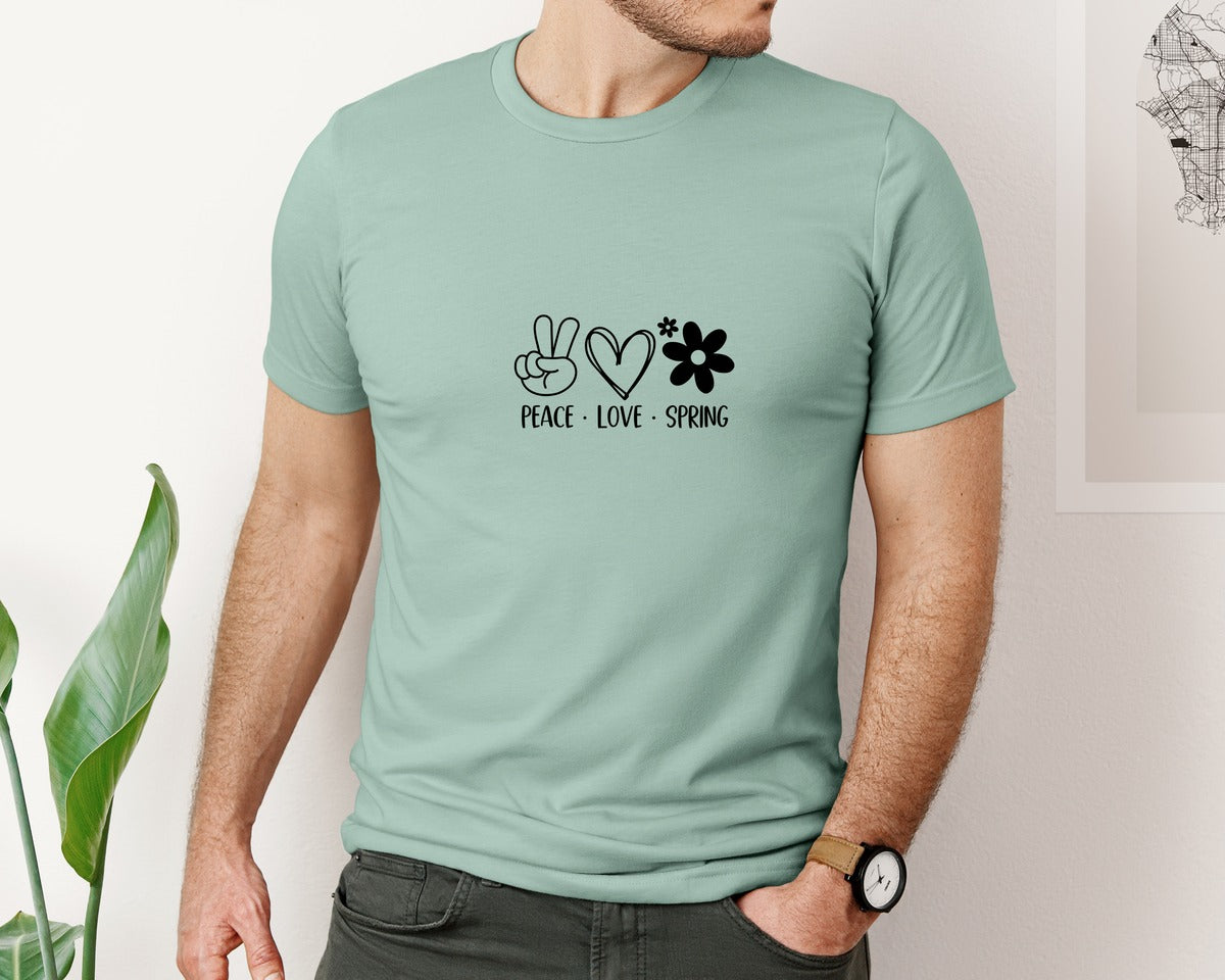 brand:Bella Canvas|color:Dusty Blue|Peace Love Spring 4 Graphic T-Shirt