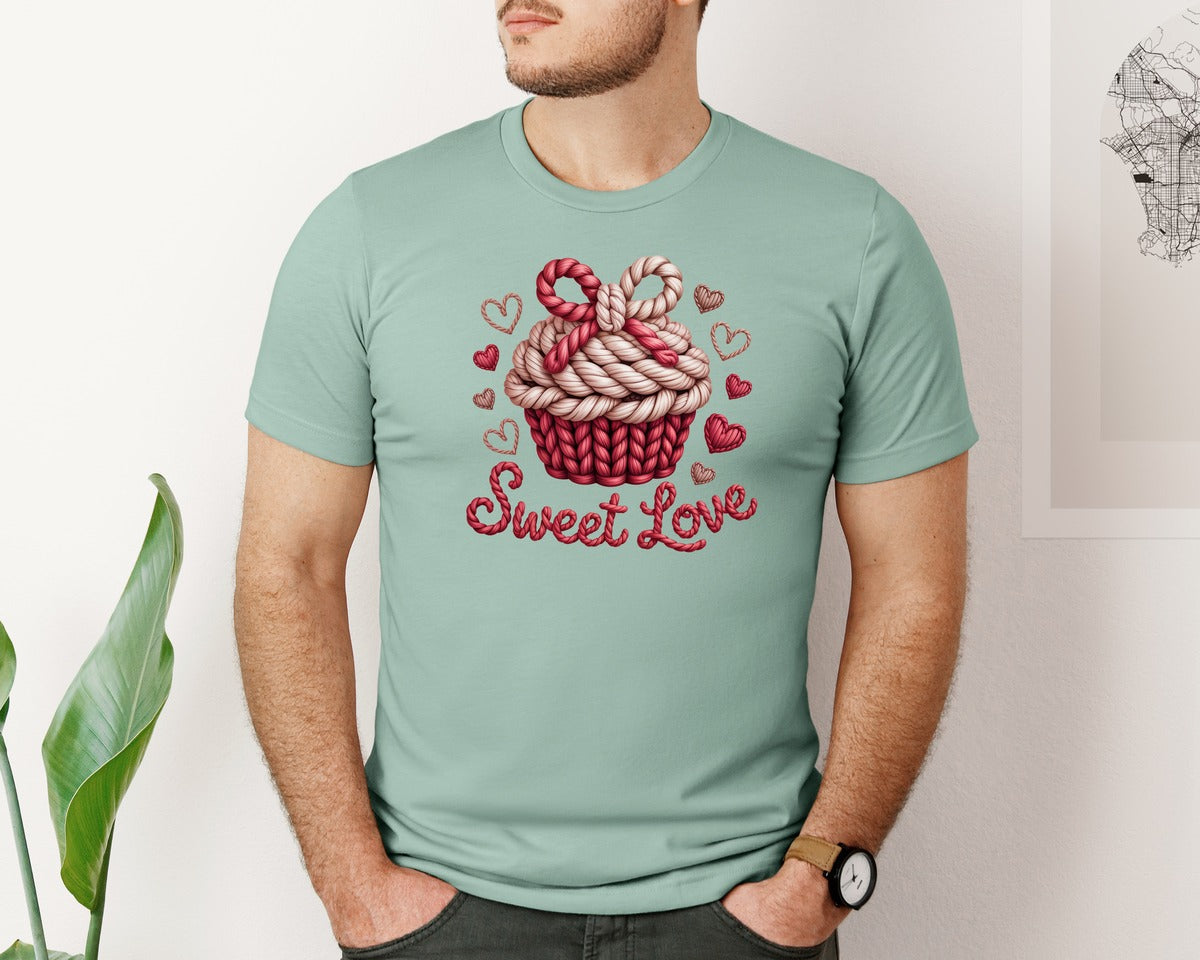 brand:Bella Canvas|color:Dusty Blue|Faux Yarn Crochet Sweet Love Valentines Graphic T-Shirt
