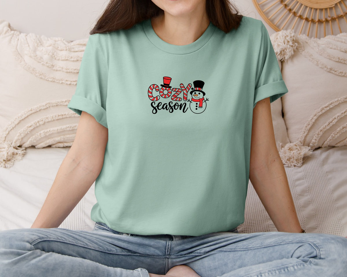 brand:Bella Canvas|color:Dusty Blue|Red Cozy Season Snowman Graphic T-Shirt