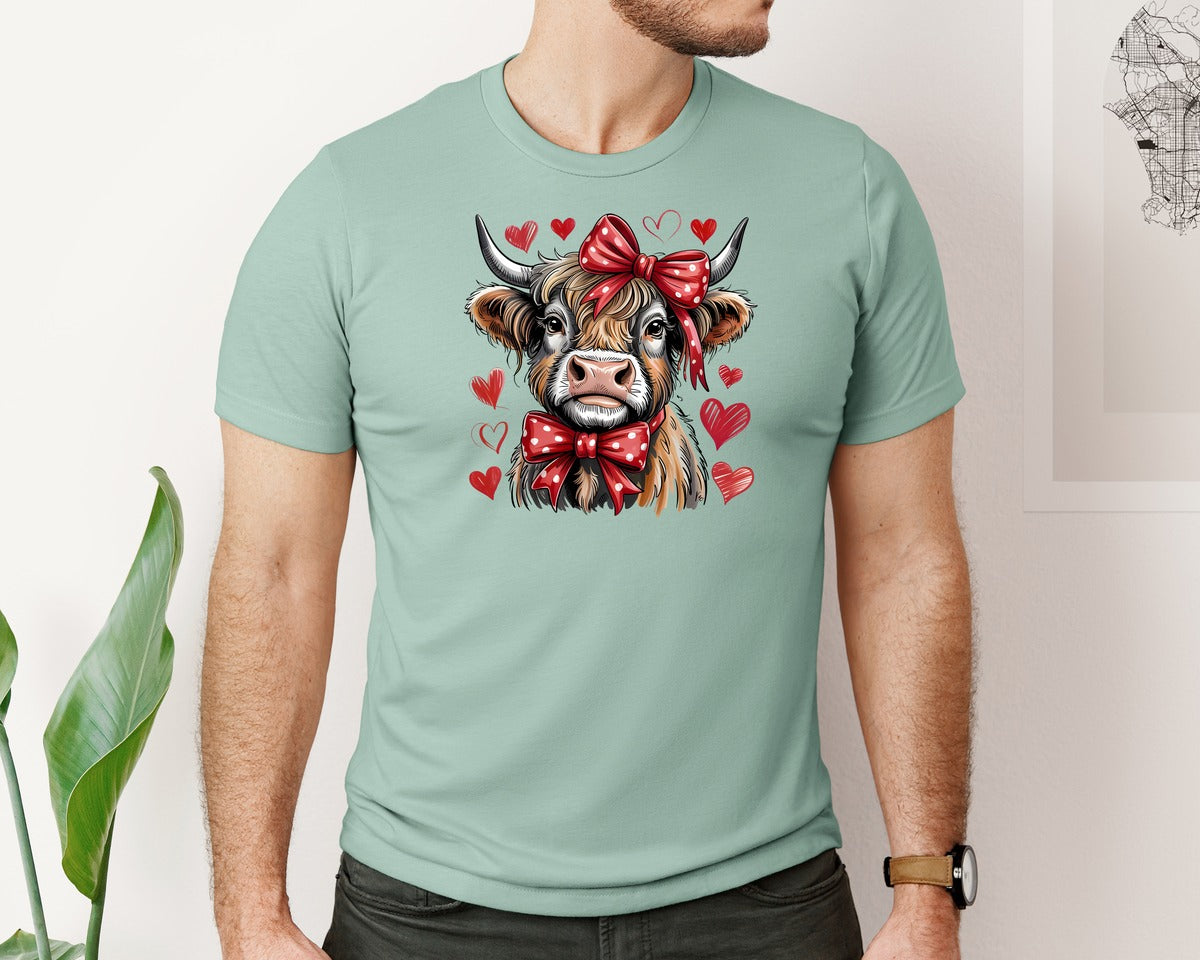 brand:Bella Canvas|color:Dusty Blue|Valentines Highland Cow 2 Graphic T-Shirt