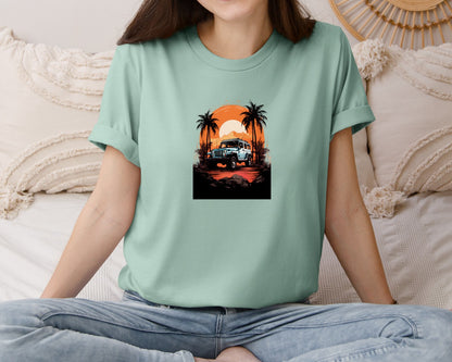 brand:Bella Canvas|color:Dusty Blue|Tropical Car Sunset Graphic T-Shirt