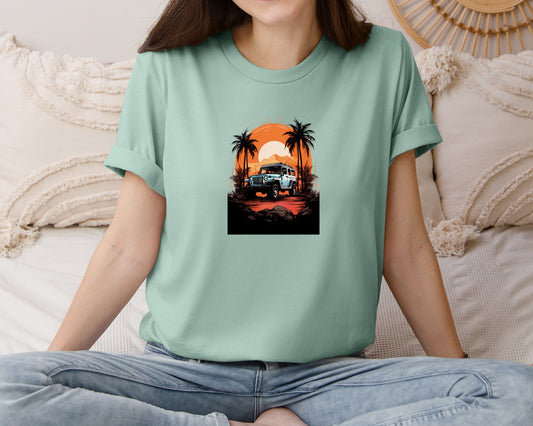 Tropical Car Sunset Graphic T-Shirt