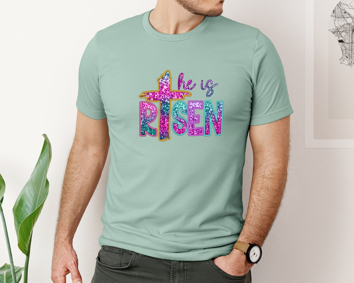 brand:Bella Canvas|color:Dusty Blue|Easter Cross He Is Risen Sequin Faux Graphic T-Shirt