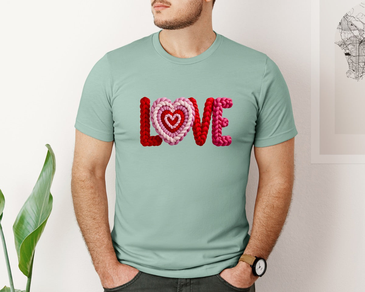 brand:Bella Canvas|color:Dusty Blue|Faux Yarn Crochet Love Valentine Day 5 Graphic T-Shirt