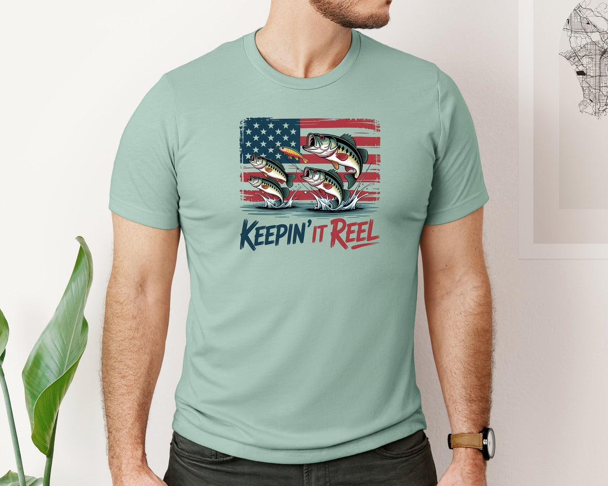 brand:Bella Canvas|color:Dusty Blue|America Fish Flag Keepin It Reel 2 Graphic T-Shirt