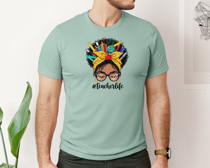 brand:Bella Canvas|color:Dusty Blue|Teacher Life Black Girl Messy Bun Graphic T-Shirt
