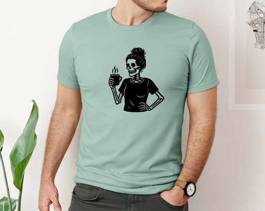 Skeleton Woman Messy Bun Drinking Coffee Graphic T-Shirt