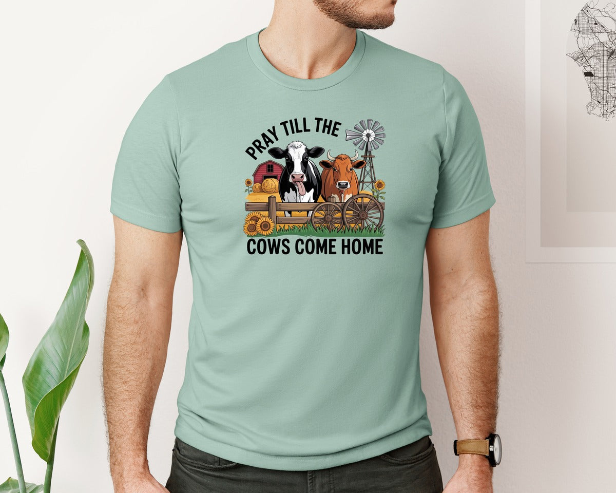 brand:Bella Canvas|color:Dusty Blue|Pray Till The Cows Come Home Graphic T-Shirt