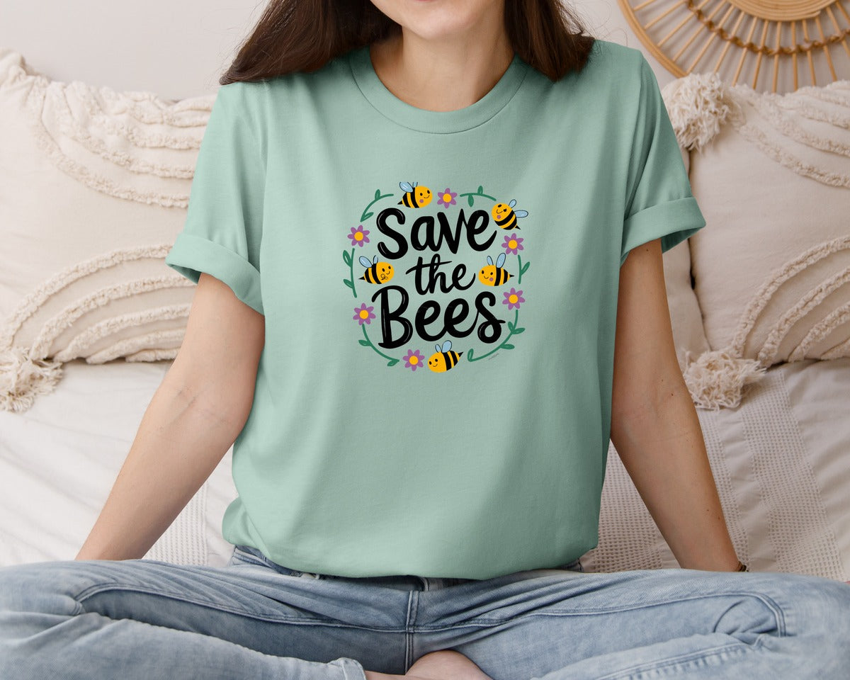 brand:Bella Canvas|color:Dusty Blue|Save The Bees Cute Hand Drawn Graphic T-Shirt