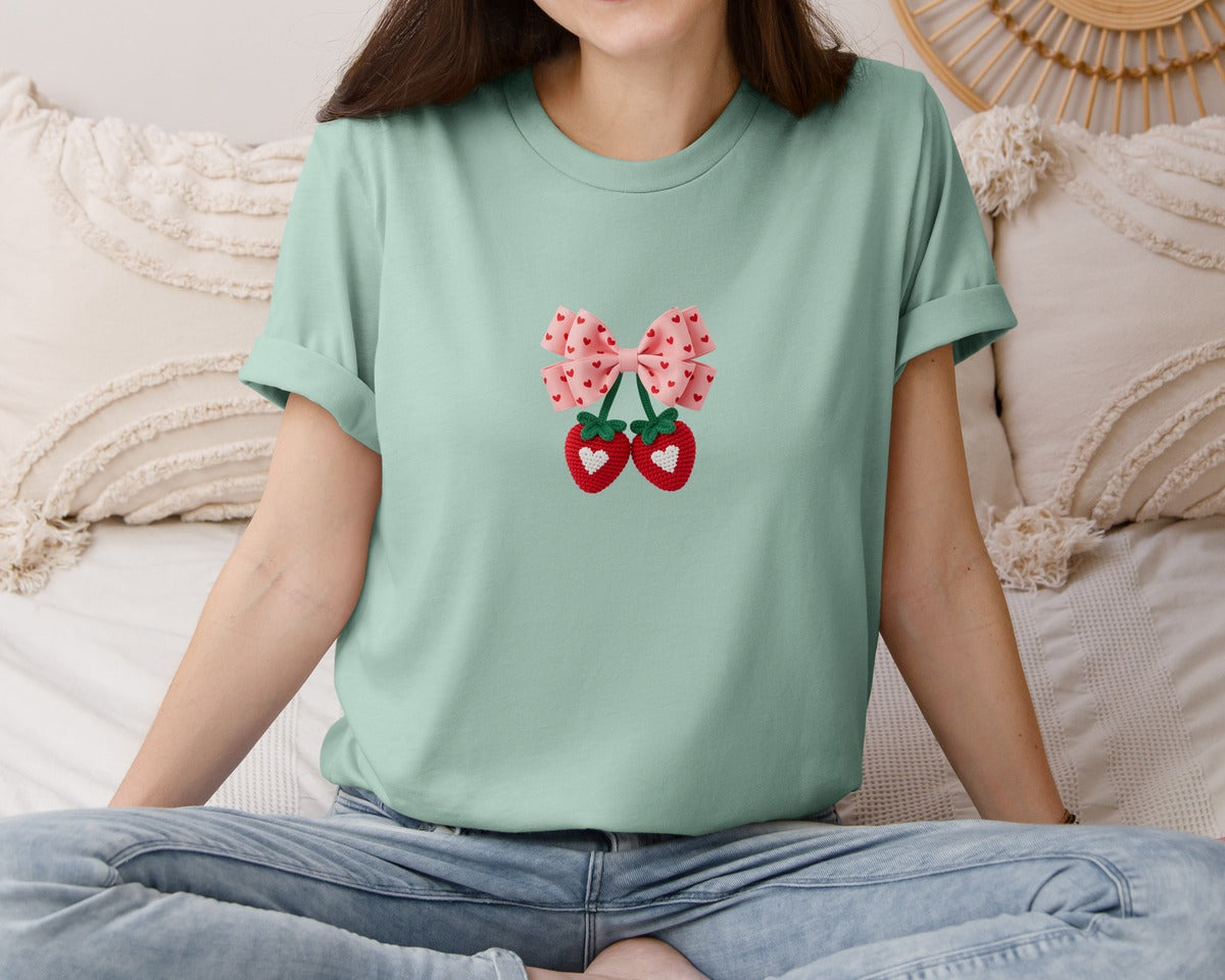 brand:Bella Canvas|color:Dusty Blue|Faux Yarn Crochet Strawberry Bow 3 Graphic T-Shirt