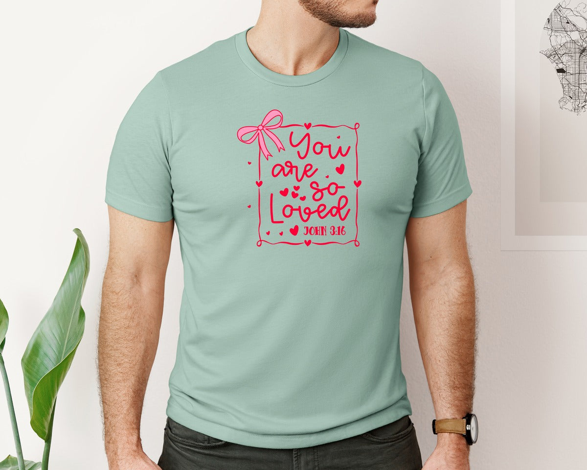 brand:Bella Canvas|color:Dusty Blue|Bow You Are So Loved Front Back Graphic T-Shirt