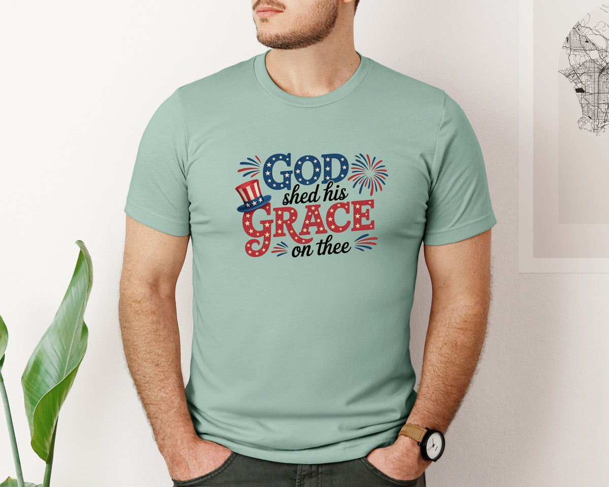 brand:Bella Canvas|color:Dusty Blue|God Shed His Grace Patriotic 2 Graphic T-Shirt