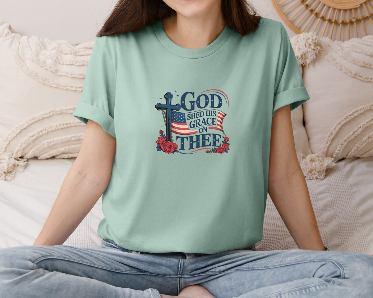 brand:Bella Canvas|color:Dusty Blue|God Shed His Grace Us Flag Cross Graphic T-Shirt