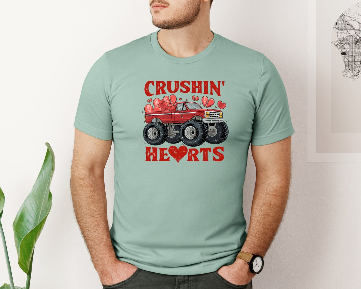 brand:Bella Canvas|color:Dusty Blue|Boy Valentine Monster Truck Graphic T-Shirt