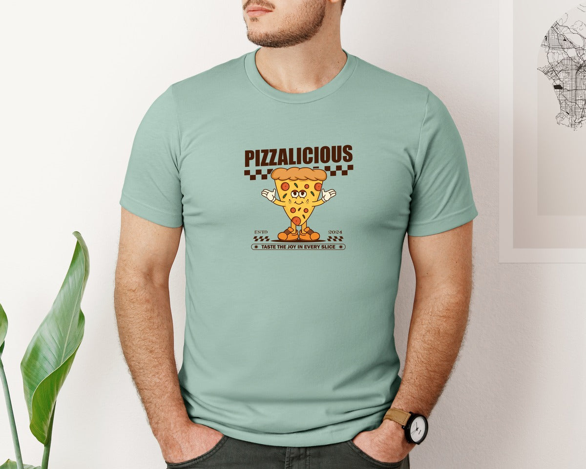 brand:Bella Canvas|color:Dusty Blue|Vintage Slice Pizza Cartoon Character Graphic T-Shirt