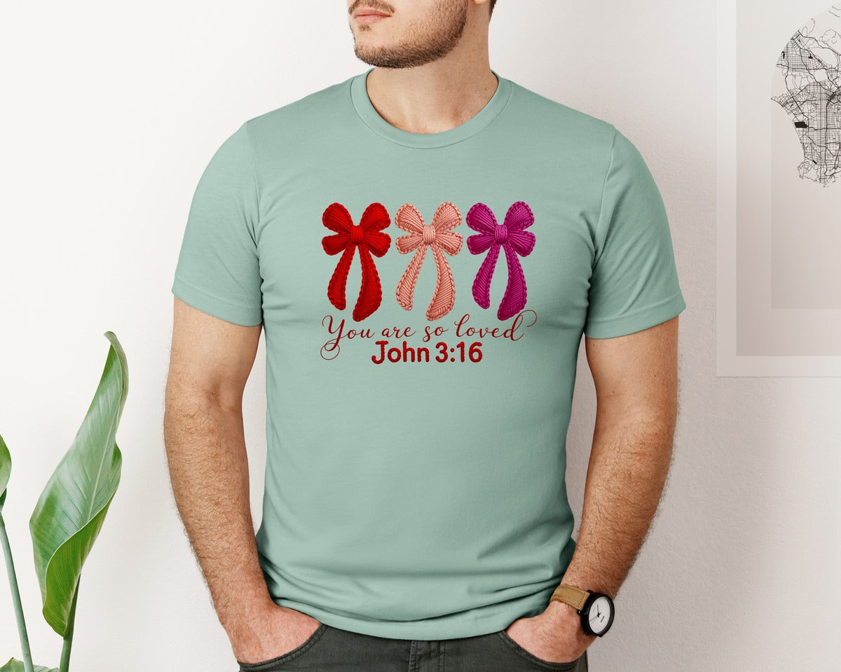 brand:Bella Canvas|color:Dusty Blue|Yarn Crochet Christian Valentines Graphic T-Shirt
