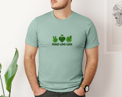 brand:Bella Canvas|color:Dusty Blue|Peace Love Luck St Patricks Day 3 Graphic T-Shirt