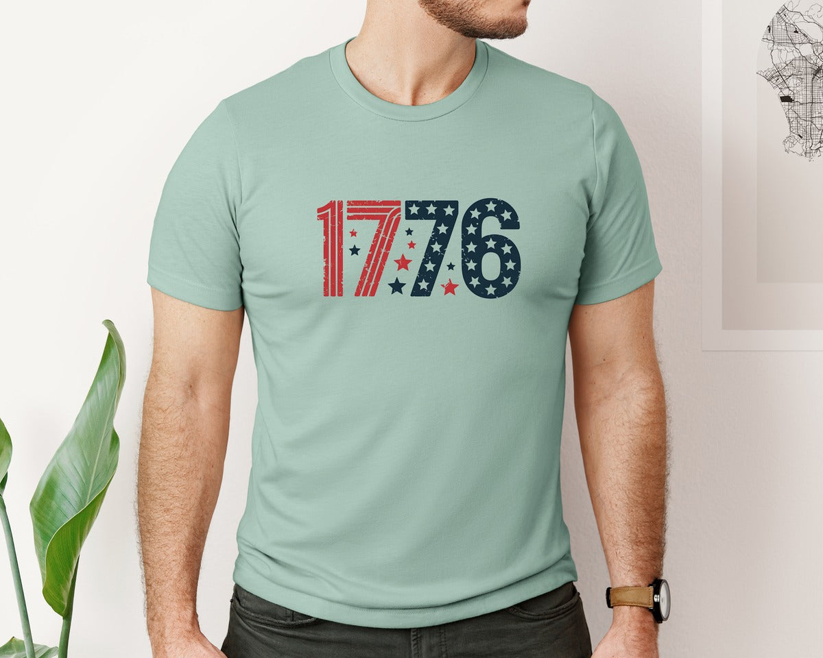 brand:Bella Canvas|color:Dusty Blue|1776 Patriotic Distressed Edge Graphic T-Shirt
