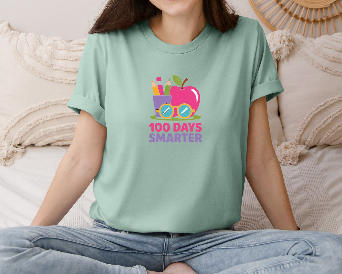 brand:Bella Canvas|color:Dusty Blue|100 Days Smarter Apple Glasses Graphic T-Shirt