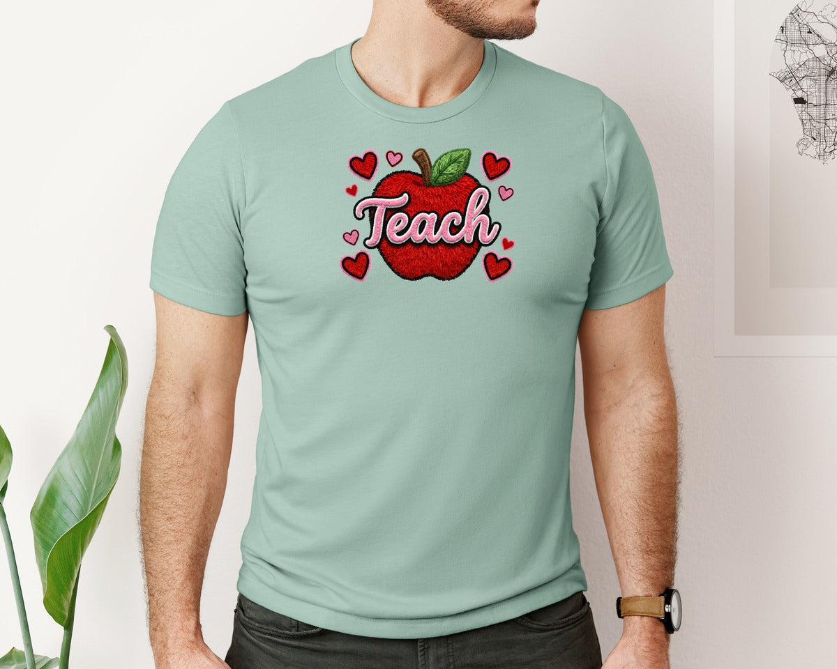 brand:Bella Canvas|color:Dusty Blue|Teach Apple Faux Yarn Valentine Day Graphic T-Shirt