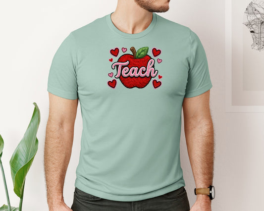 Teach Apple Faux Yarn Valentine Day Graphic T-Shirt