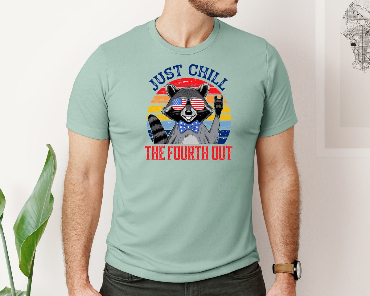 brand:Bella Canvas|color:Dusty Blue|Retro Raccoon 4Th Of July Chill Vibes Graphic T-Shirt