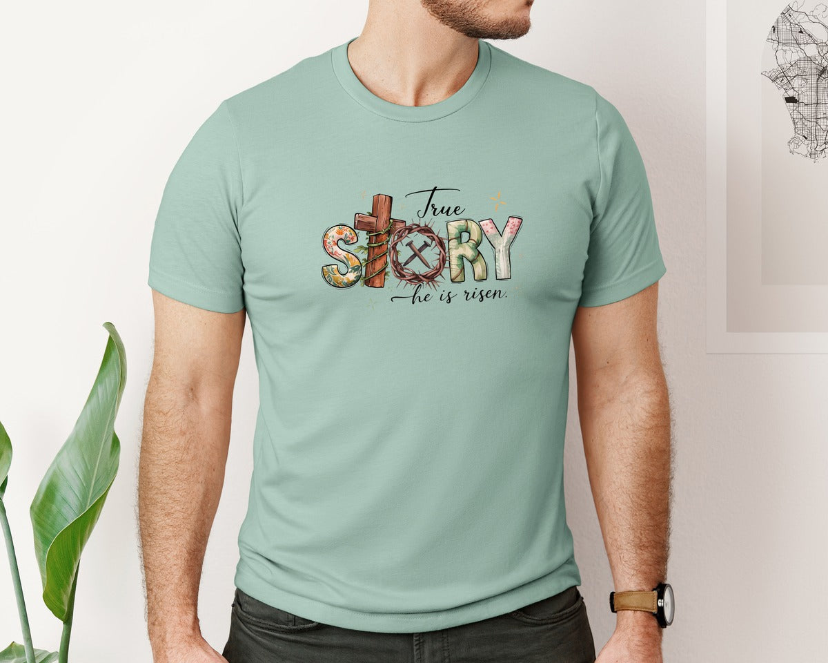 brand:Bella Canvas|color:Dusty Blue|True Story He Is Risen Christian Easter 2 Graphic T-Shirt