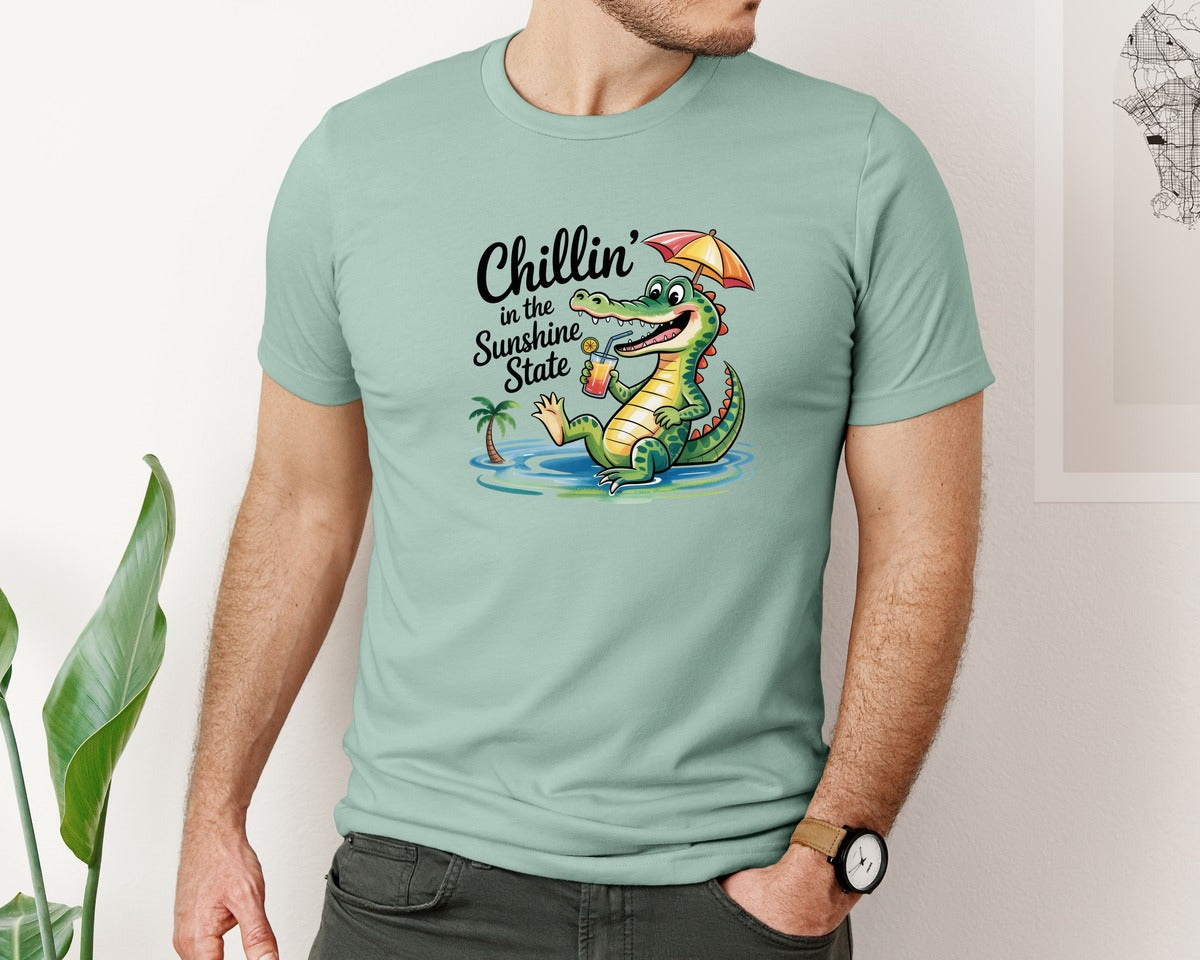 brand:Bella Canvas|color:Dusty Blue|Crocodile Florida Sunshine State Graphic T-Shirt