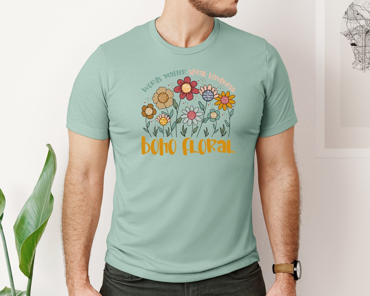 brand:Bella Canvas|color:Dusty Blue|Words Matter Speak Kindness Boho Floral 2 Graphic T-Shirt