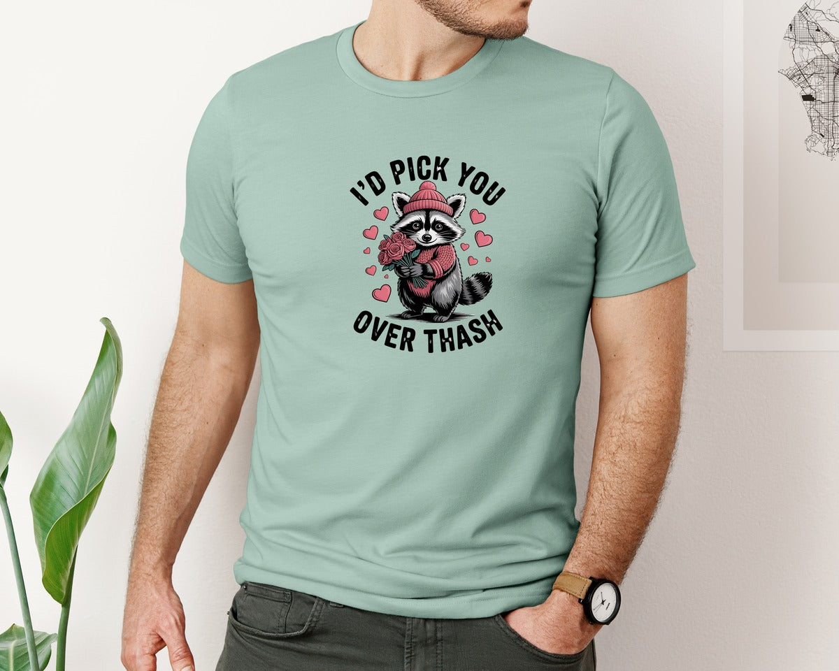 brand:Bella Canvas|color:Dusty Blue|Funny Raccoon Valentines Day 4 Graphic T-Shirt