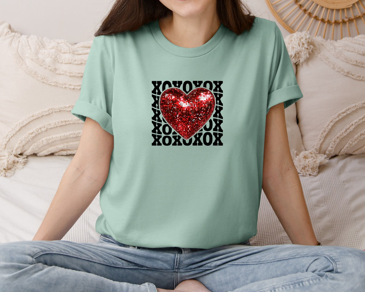 brand:Bella Canvas|color:Dusty Blue|Xoxo Valentines Day Heart File Graphic T-Shirt