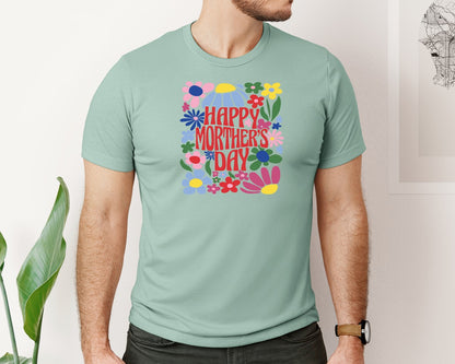 brand:Bella Canvas|color:Dusty Blue|Happy Mothers Day Retro Flowers Graphic T-Shirt