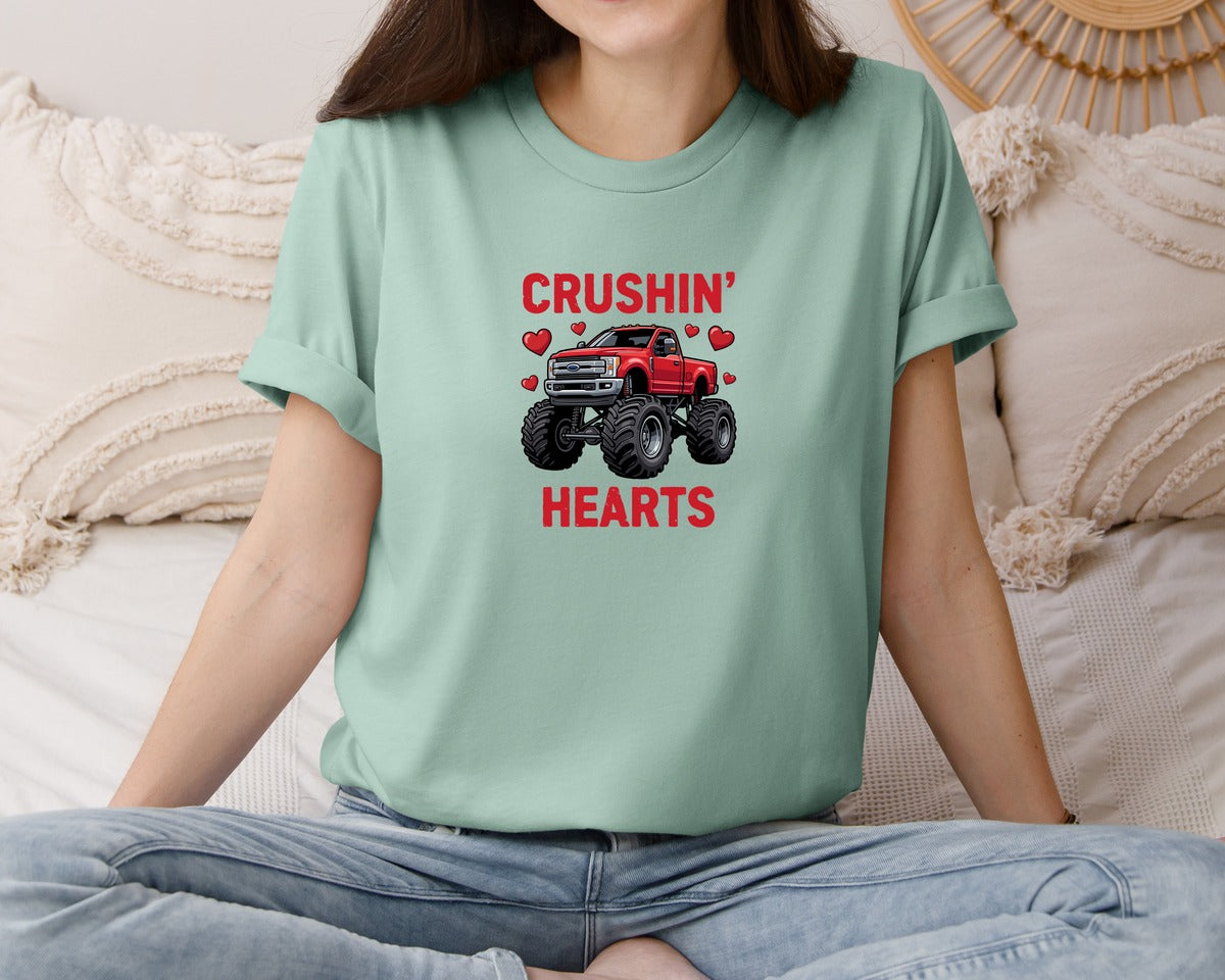 brand:Bella Canvas|color:Dusty Blue|Kids Valentine Monster Truck 3 Graphic T-Shirt