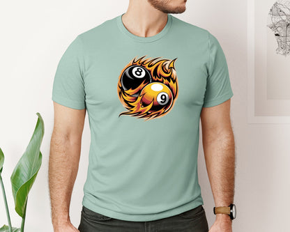 brand:Bella Canvas|color:Dusty Blue|Flaming 8 9 Ball Billiards Graphic T-Shirt