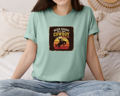 brand:Bella Canvas|color:Dusty Blue|Cowboy Stuff Retro Rodeo Sunset Graphic T-Shirt