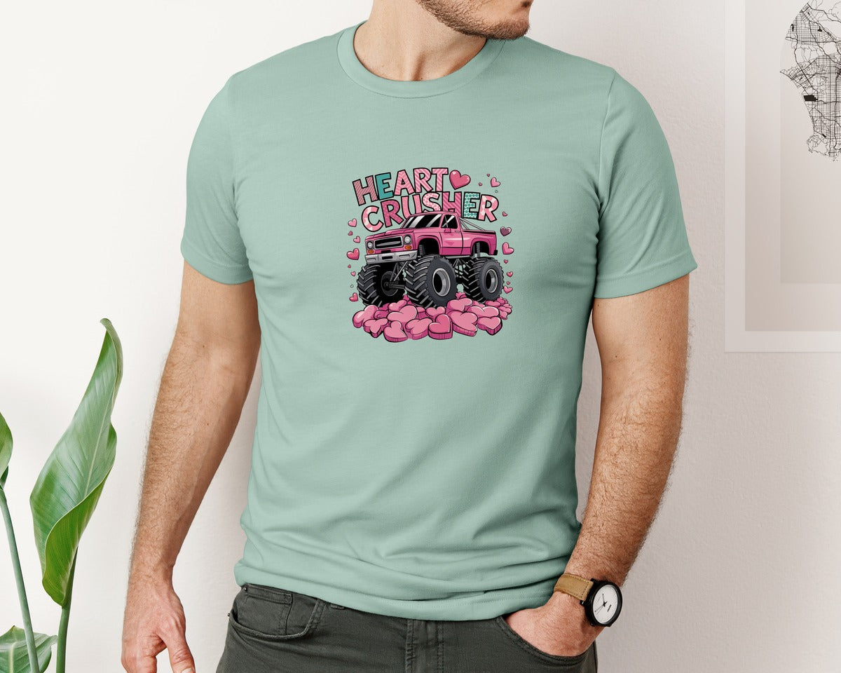brand:Bella Canvas|color:Dusty Blue|Valentines Truck Heart Crusher Graphic T-Shirt