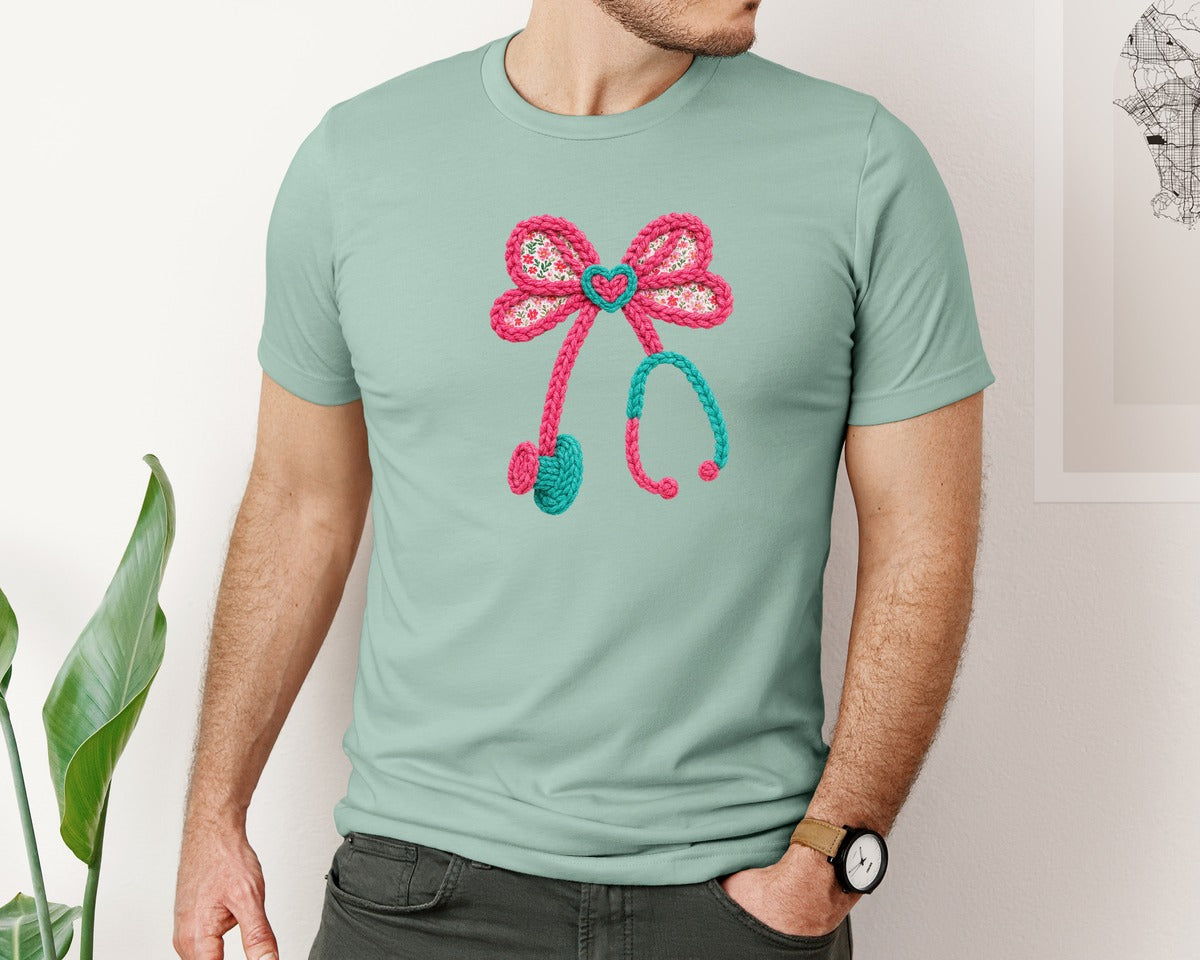 brand:Bella Canvas|color:Dusty Blue|Crochet Pink Valentine Nurse Graphic T-Shirt