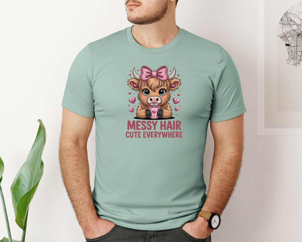 brand:Bella Canvas|color:Dusty Blue|Funny Highland Cow Messy Hair Shirt Graphic T-Shirt