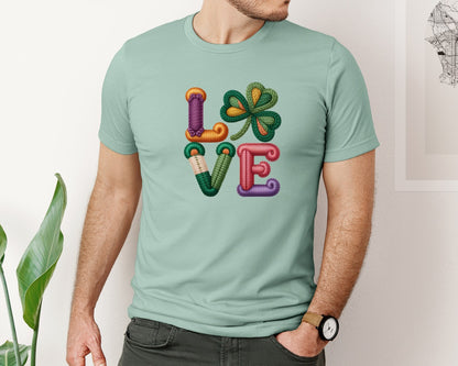 brand:Bella Canvas|color:Dusty Blue|Crochet Shamrock Love St Patricks Graphic T-Shirt