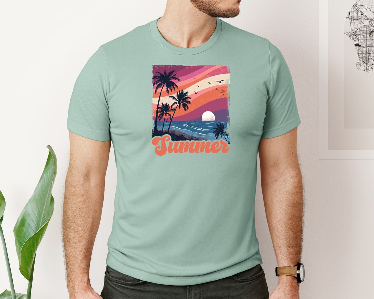 brand:Bella Canvas|color:Dusty Blue|Retro Vintage Sunset Summer Shirt Graphic T-Shirt