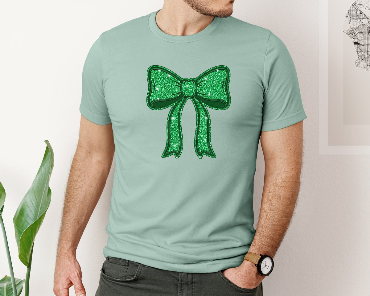 brand:Bella Canvas|color:Dusty Blue|St Patricks Day Glitter Bow Graphic T-Shirt