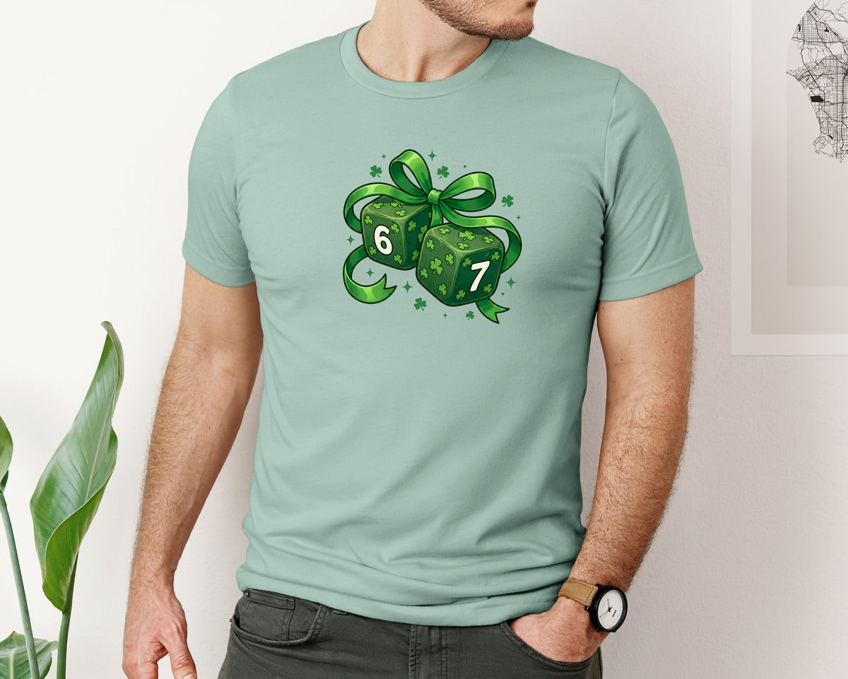 brand:Bella Canvas|color:Dusty Blue|St Patricks Day 67 Lucky Dice Graphic T-Shirt