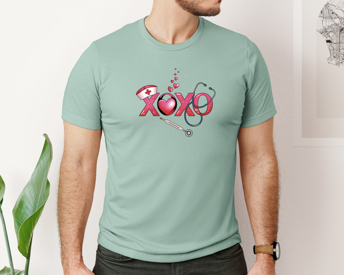 brand:Bella Canvas|color:Dusty Blue|Xoxo Nurse Valentines Day Graphic T-Shirt