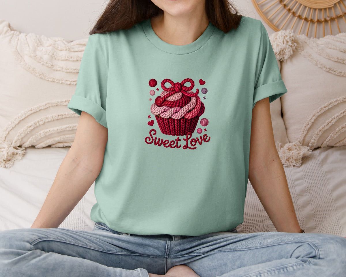 brand:Bella Canvas|color:Dusty Blue|Faux Yarn Crochet Sweet Love Graphic T-Shirt