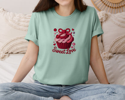 brand:Bella Canvas|color:Dusty Blue|Faux Yarn Crochet Sweet Love Graphic T-Shirt
