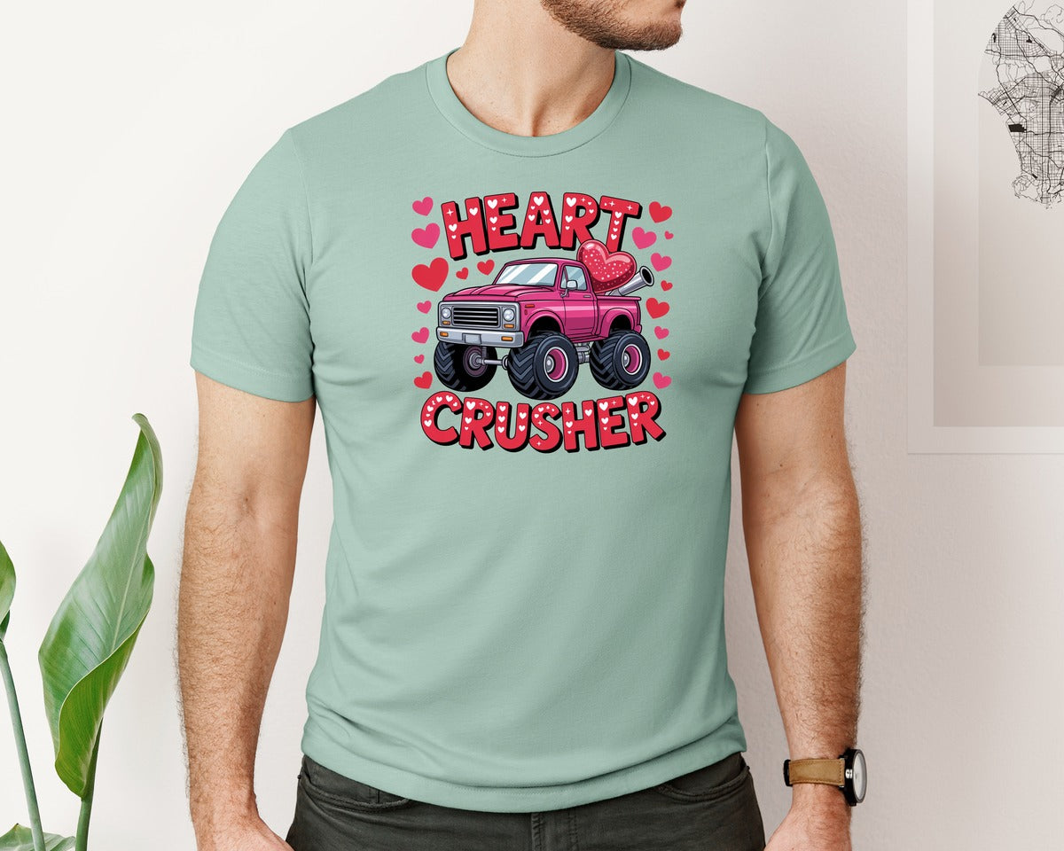 brand:Bella Canvas|color:Dusty Blue|Valentine Monster Truck Heart Crush Graphic T-Shirt