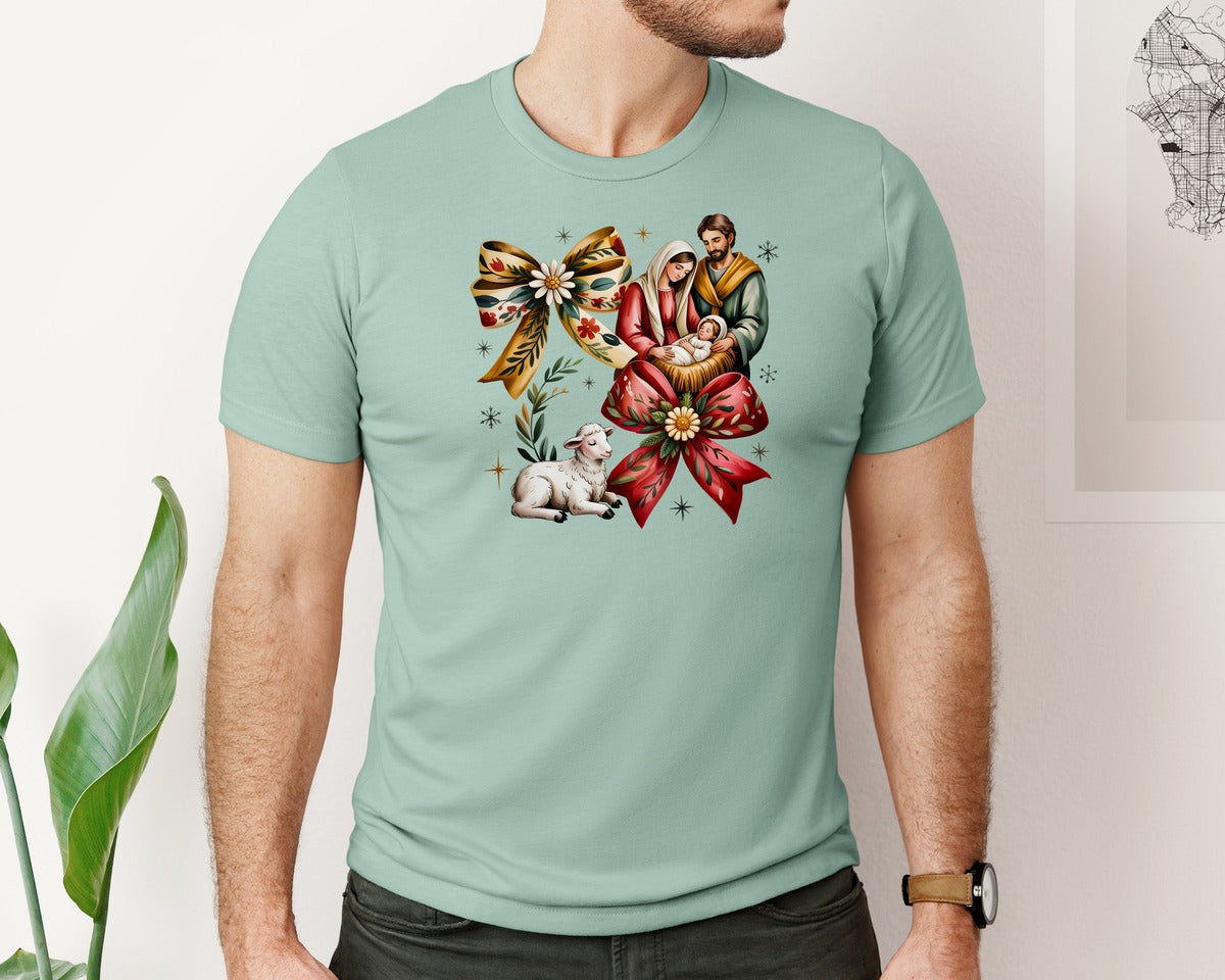 brand:Bella Canvas|color:Dusty Blue|Coquette Jesus Christmas Christian Graphic T-Shirt