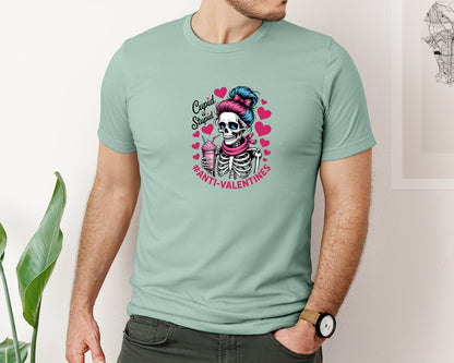 brand:Bella Canvas|color:Dusty Blue|Funny Anti Valentine Skeleton Design Graphic T-Shirt